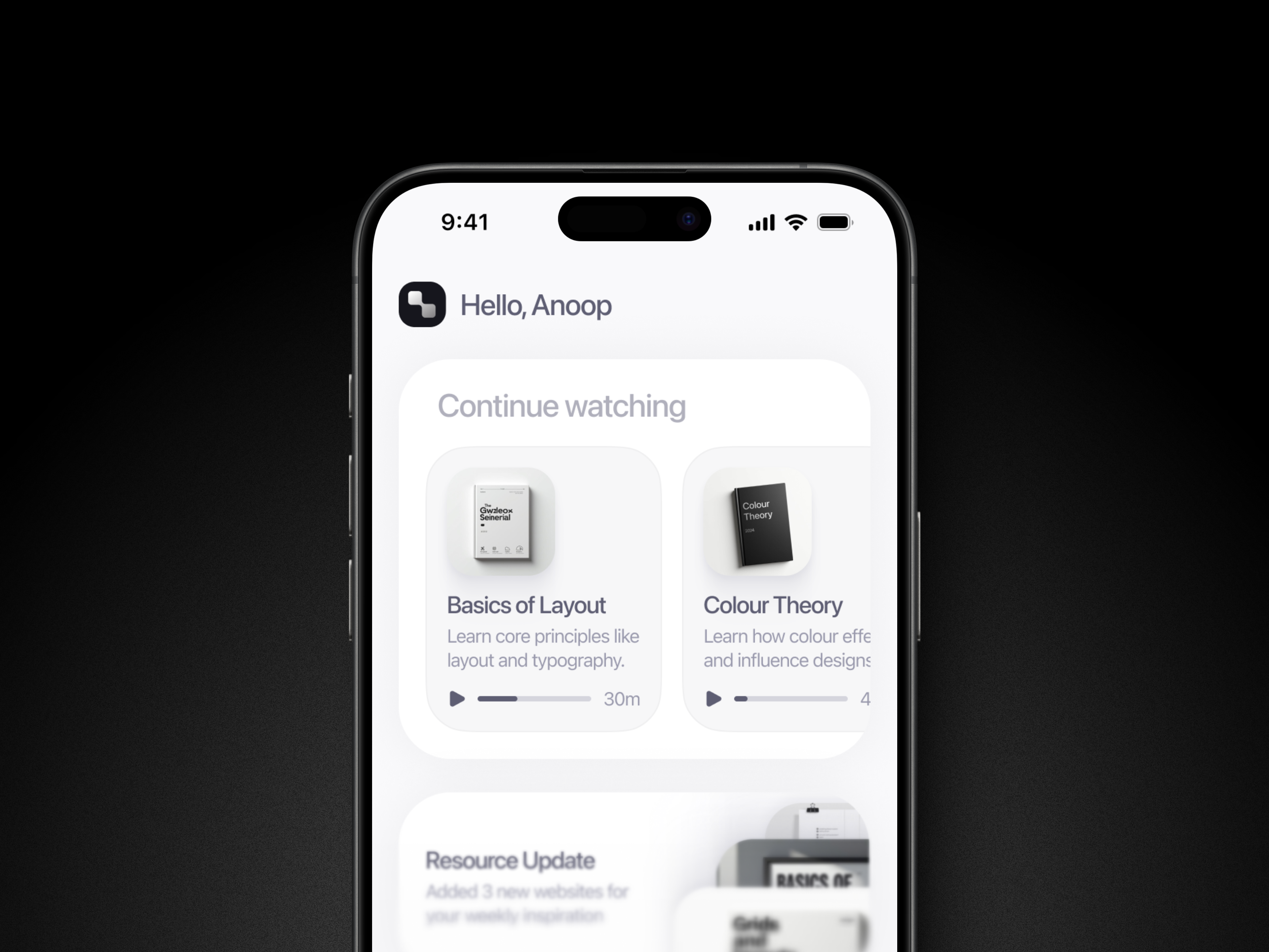 Home page design for a Creative learning app
